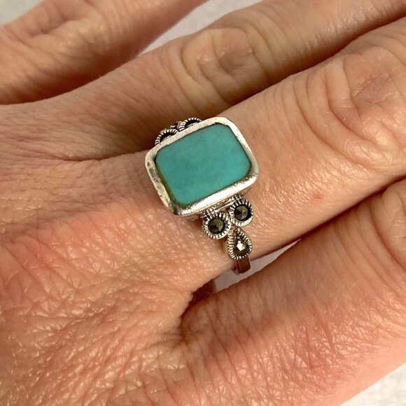 Sterling Silver 925 Rectangular Faux Turquoise Inlay Marcasite Shank Ring Sz 6.5 - Picture 4 of 16